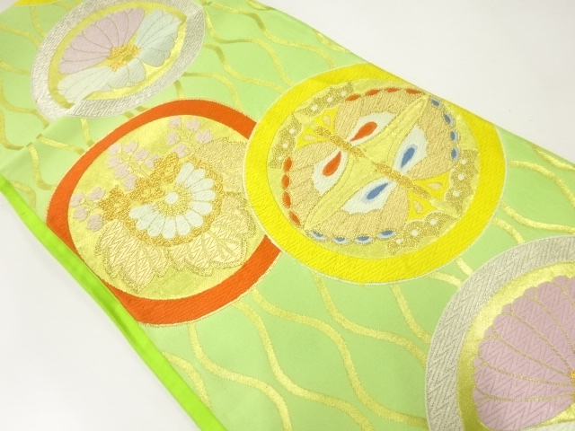 JAPANESE KIMONO / ANTIQUE FUKURO OBI / SILK / WOVEN ROUNDEL CREST & FLOWERS & BUTTERFLY